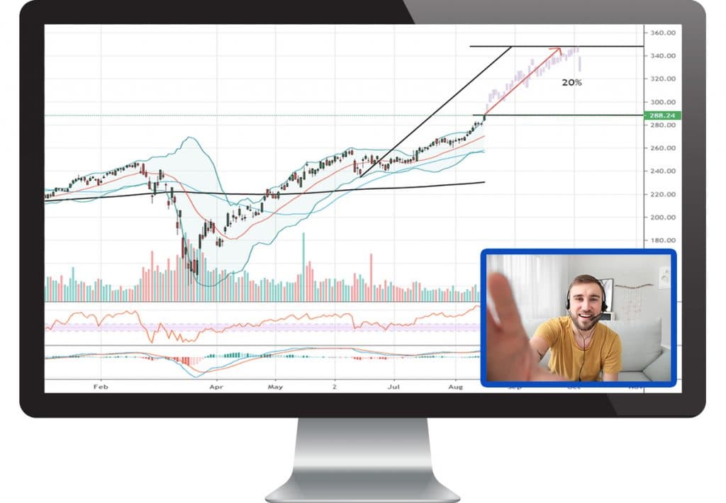 iMac displaying a stock chart with a presenter video pip in the lower right